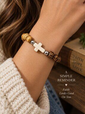 Wood Bead Cross Bracelet Ivory Christian Faith Stretch Bracelet Two Tone Brown